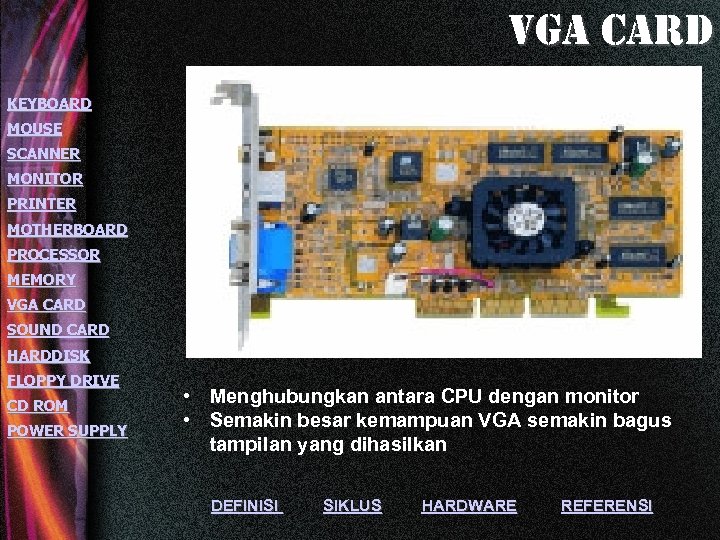 vga card KEYBOARD MOUSE SCANNER MONITOR PRINTER MOTHERBOARD PROCESSOR MEMORY VGA CARD SOUND CARD
