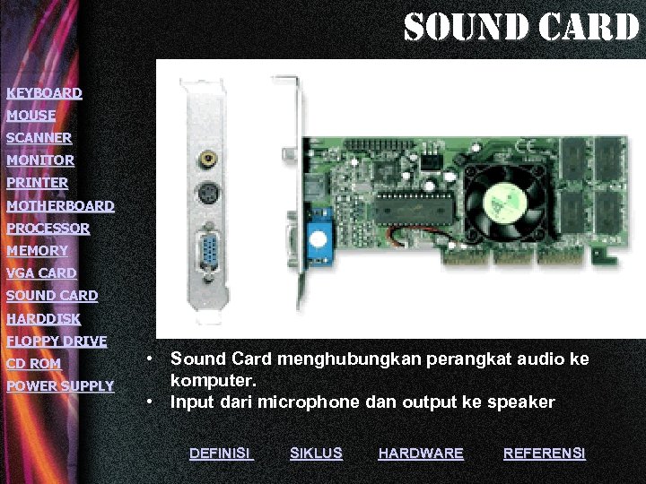 sound card KEYBOARD MOUSE SCANNER MONITOR PRINTER MOTHERBOARD PROCESSOR MEMORY VGA CARD SOUND CARD