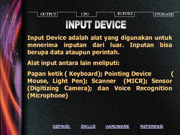 OUTPUT CPU IO PORT STORAGE Input Device adalah alat yang digunakan untuk menerima inputan