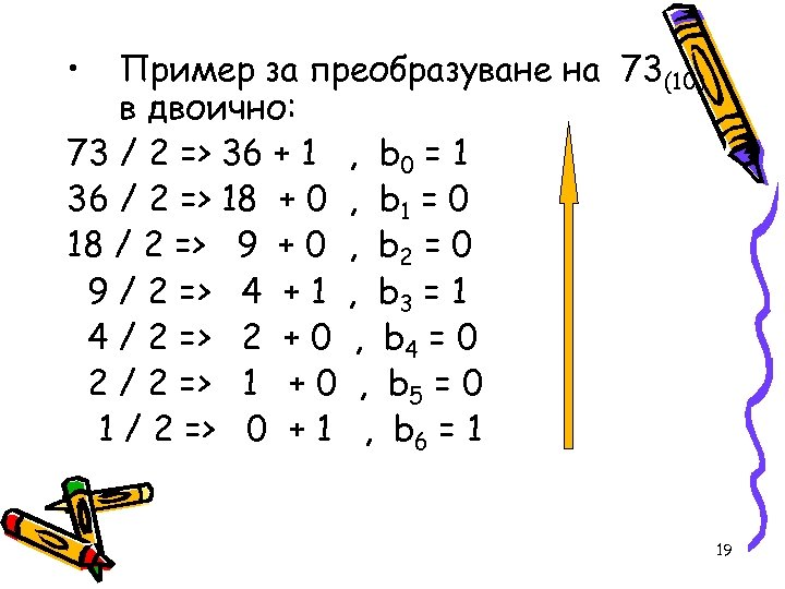  • Пример за преобразуване на 73(10) в двоично: 73 / 2 => 36