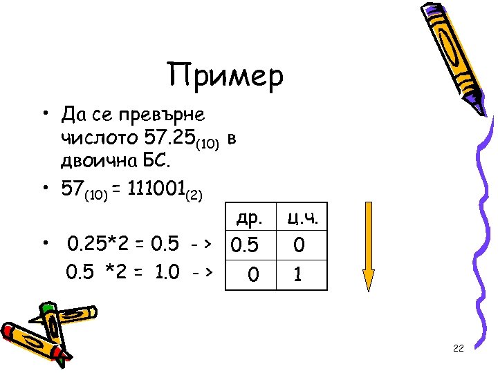 Пример • Да се превърне числото 57. 25(10) в двоична БС. • 57(10) =