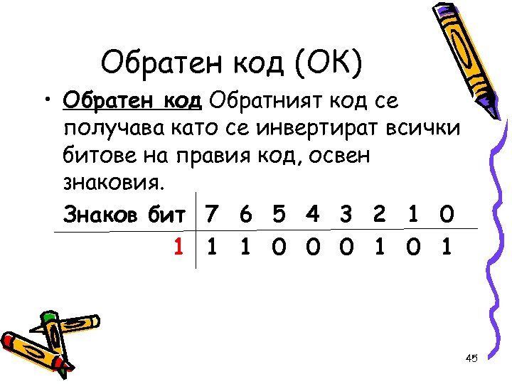 Обратен код (ОК) • Обратен код Обратният код се получава като се инвертират всички