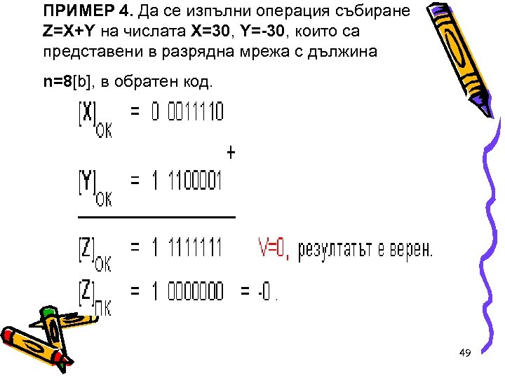 ПРИМЕР 4. Да се изпълни операция събиране Z=X+Y на числата X=30, Y=-30, които са