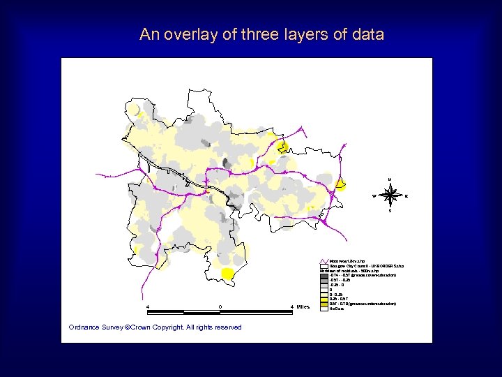 An overlay of three layers of data N W E S 4 0 Ordnance