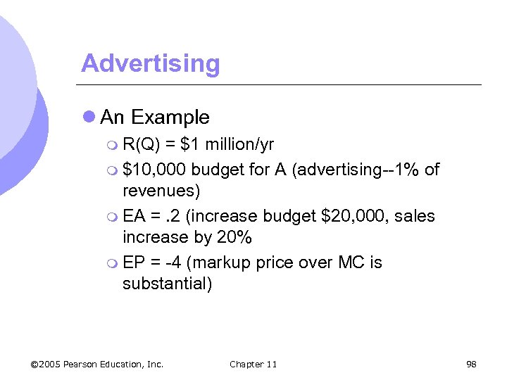 Advertising l An Example m R(Q) = $1 million/yr m $10, 000 budget for