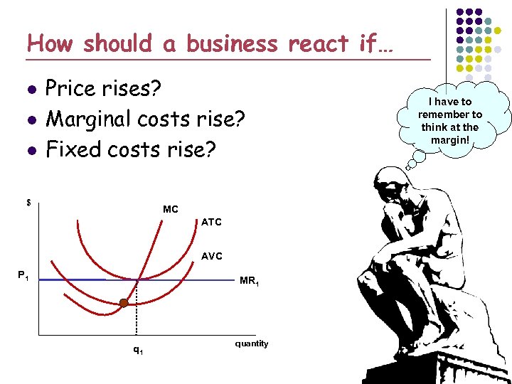 How should a business react if… l l l Price rises? Marginal costs rise?