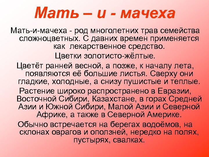 Мать – и - мачеха Мать-и-мачеха - род многолетних трав семейства сложноцветных. С давних