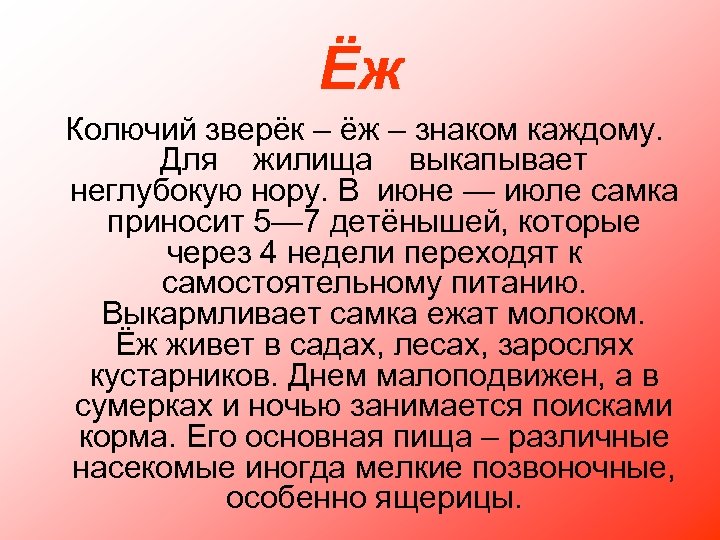 Ёж Колючий зверёк – ёж – знаком каждому. Для жилища выкапывает неглубокую нору. В