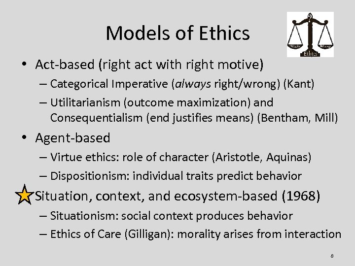 Models of Ethics • Act-based (right act with right motive) – Categorical Imperative (always