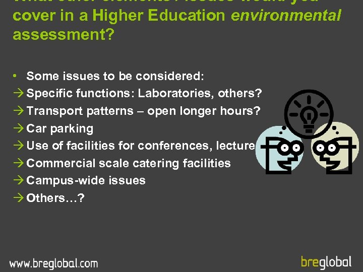 What other elements / issues would you cover in a Higher Education environmental assessment?