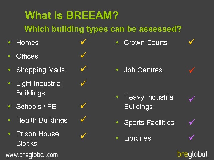 What is BREEAM? Which building types can be assessed? • Homes • Crown Courts