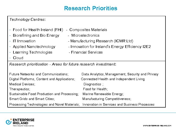 Research Priorities Technology Centres: - Food for Health Ireland (FHI) - Composites Materials Biorefining