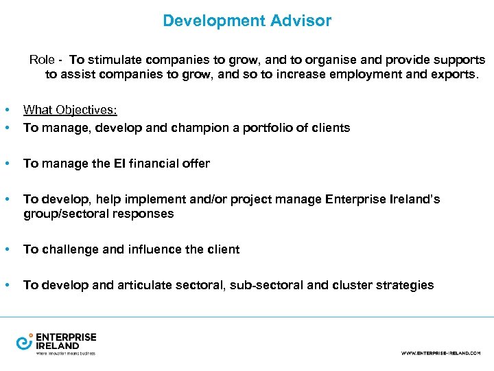 Development Advisor Role - To stimulate companies to grow, and to organise and provide