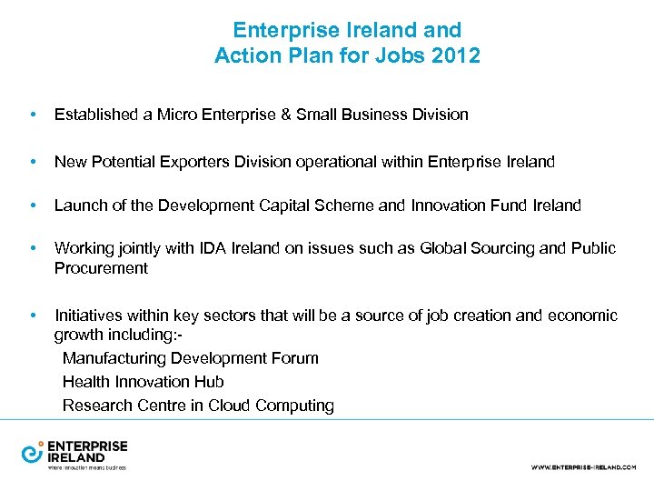 Enterprise Ireland Action Plan for Jobs 2012 • Established a Micro Enterprise & Small