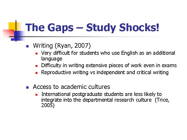 The Gaps – Study Shocks! n Writing (Ryan, 2007) n n Very difficult for