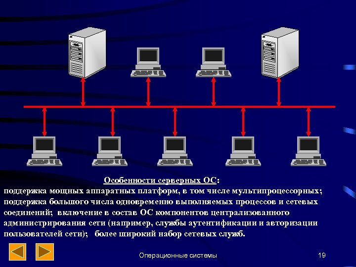 Особенности серверных ОС: поддержка мощных аппаратных платформ, в том числе мультипроцессорных; поддержка большого числа