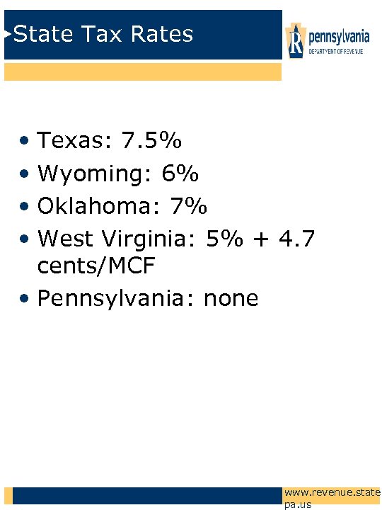 State Tax Rates • Texas: 7. 5% • Wyoming: 6% • Oklahoma: 7% •