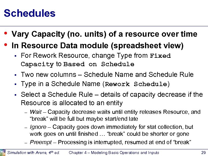 Schedules • • Vary Capacity (no. units) of a resource over time In Resource