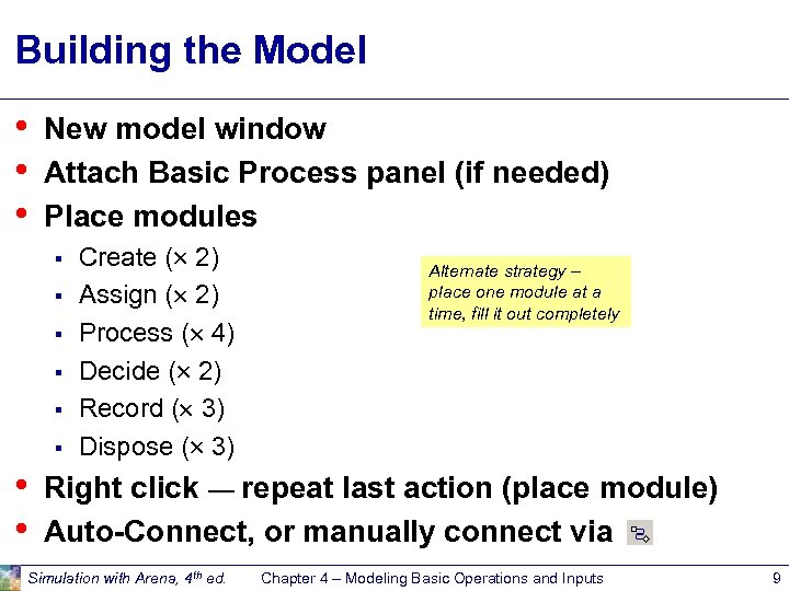 Building the Model • • • New model window Attach Basic Process panel (if
