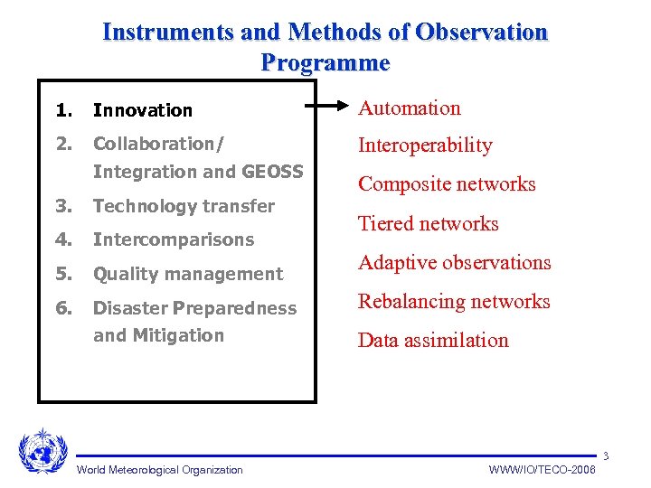 Instruments and Methods of Observation Programme 1. Innovation Automation 2. Collaboration/ Interoperability Integration and