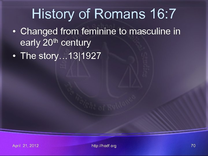 History of Romans 16: 7 • Changed from feminine to masculine in early 20