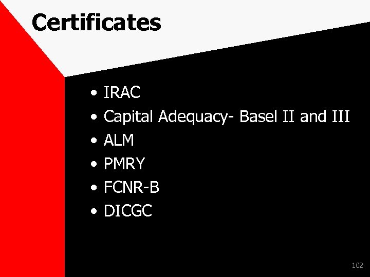 Certificates • • • IRAC Capital Adequacy- Basel II and III ALM PMRY FCNR-B