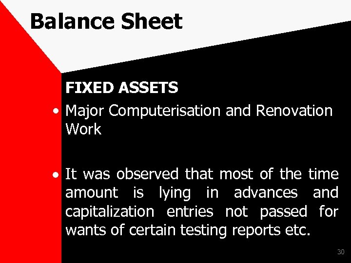Balance Sheet FIXED ASSETS • Major Computerisation and Renovation Work It was observed that