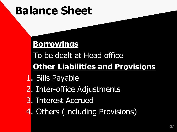 Balance Sheet Borrowings To be dealt at Head office Other Liabilities and Provisions 1.