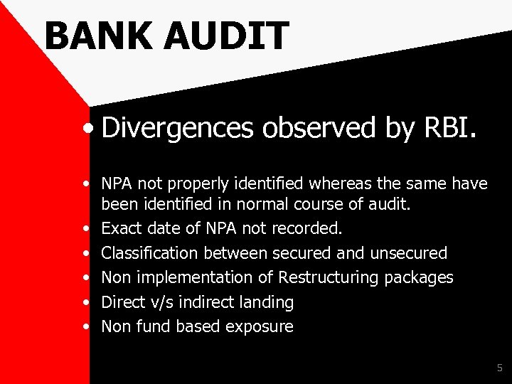 BANK AUDIT • Divergences observed by RBI. • NPA not properly identified whereas the