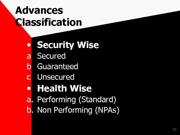Advances Classification • Security Wise a Secured b Guaranteed c Unsecured • Health Wise