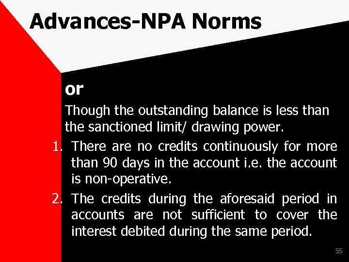 Advances-NPA Norms or Though the outstanding balance is less than the sanctioned limit/ drawing