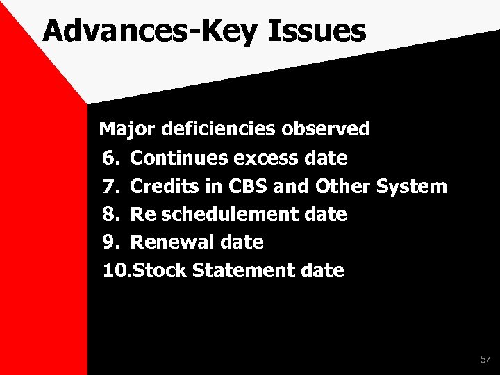 Advances-Key Issues Major deficiencies observed 6. Continues excess date 7. Credits in CBS and
