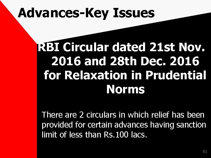 Advances-Key Issues RBI Circular dated 21 st Nov. 2016 and 28 th Dec. 2016