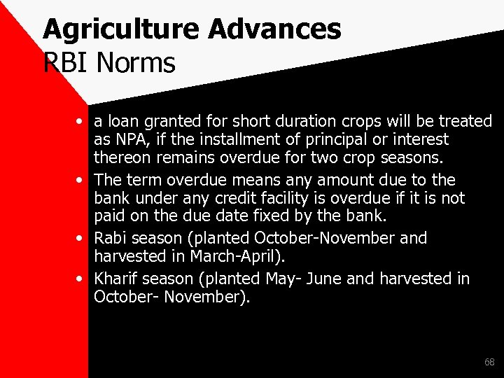 Agriculture Advances RBI Norms • a loan granted for short duration crops will be