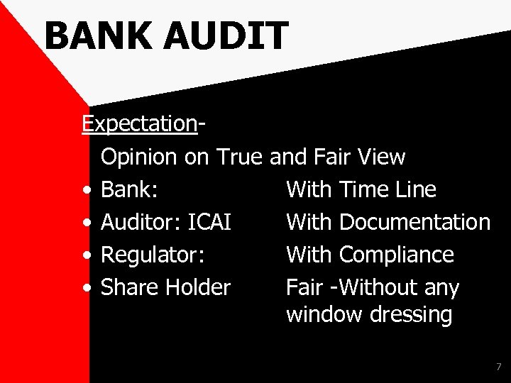 BANK AUDIT Expectation- Opinion on True and Fair View • Bank: With Time Line