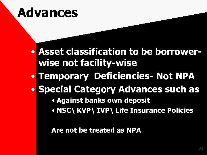 Advances • Asset classification to be borrowerwise not facility-wise • Temporary Deficiencies- Not NPA
