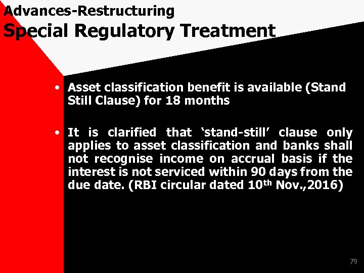 Advances-Restructuring Special Regulatory Treatment • Asset classification benefit is available (Stand Still Clause) for