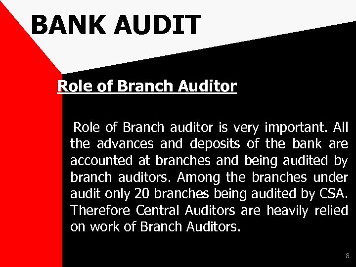 BANK AUDIT Role of Branch Auditor Role of Branch auditor is very important. All