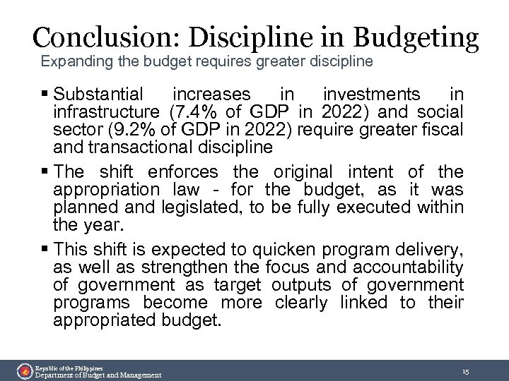 Conclusion: Discipline in Budgeting Expanding the budget requires greater discipline § Substantial increases in