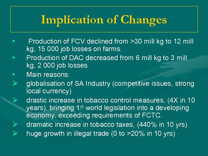 Implication of Changes • • • Ø Ø Production of FCV declined from >30