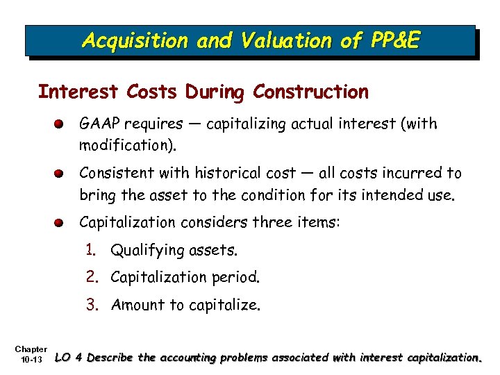 Acquisition and Valuation of PP&E Interest Costs During Construction GAAP requires — capitalizing actual