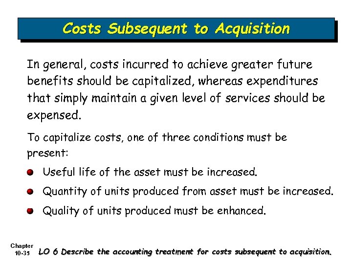 Costs Subsequent to Acquisition In general, costs incurred to achieve greater future benefits should