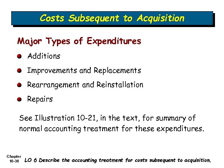 Costs Subsequent to Acquisition Major Types of Expenditures Additions Improvements and Replacements Rearrangement and