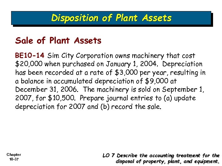 Disposition of Plant Assets Sale of Plant Assets BE 10 -14 Sim City Corporation