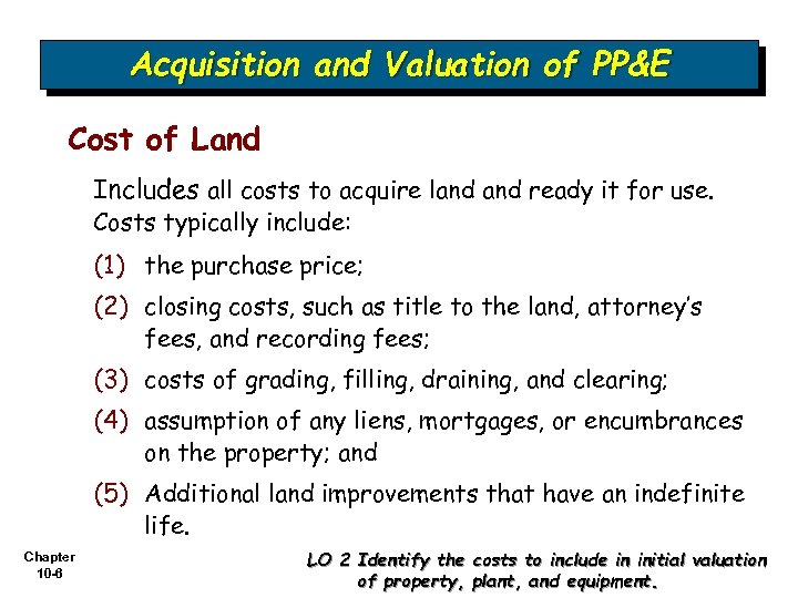 Acquisition and Valuation of PP&E Cost of Land Includes all costs to acquire land