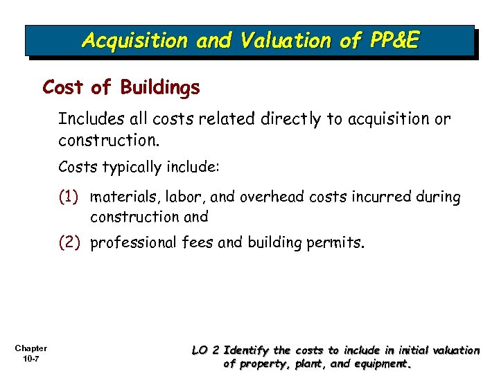 Acquisition and Valuation of PP&E Cost of Buildings Includes all costs related directly to