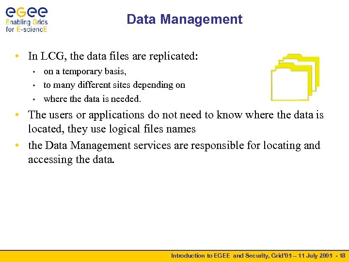 Data Management • In LCG, the data files are replicated: on a temporary basis,