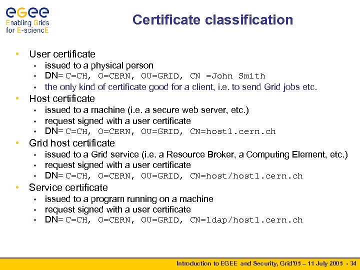 Certificate classification • User certificate issued to a physical person DN= C=CH, O=CERN, OU=GRID,
