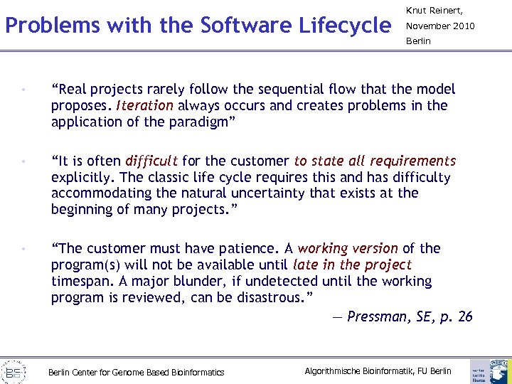 Problems with the Software Lifecycle Knut Reinert, November 2010 Berlin • “Real projects rarely