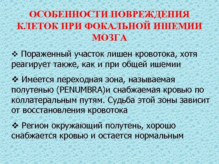 ОСОБЕННОСТИ ПОВРЕЖДЕНИЯ КЛЕТОК ПРИ ФОКАЛЬНОЙ ИШЕМИИ МОЗГА v Пораженный участок лишен кровотока, хотя реагирует
